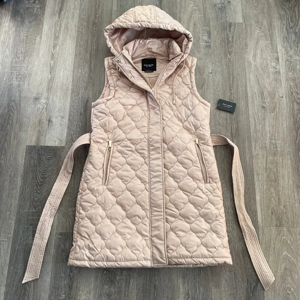 NWT Kate Spade Quilted Long Vest Hooded Soft Clay - Size: Medium